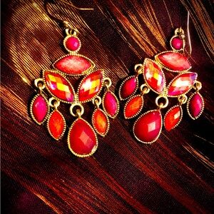 Elegant Gold and Red Chandelier Earrings